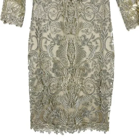 NWT Tadashi Shoji Dress Corded Embroidery On Tulle 3/4 Sleeve. Smoke Pearl Sz 2P